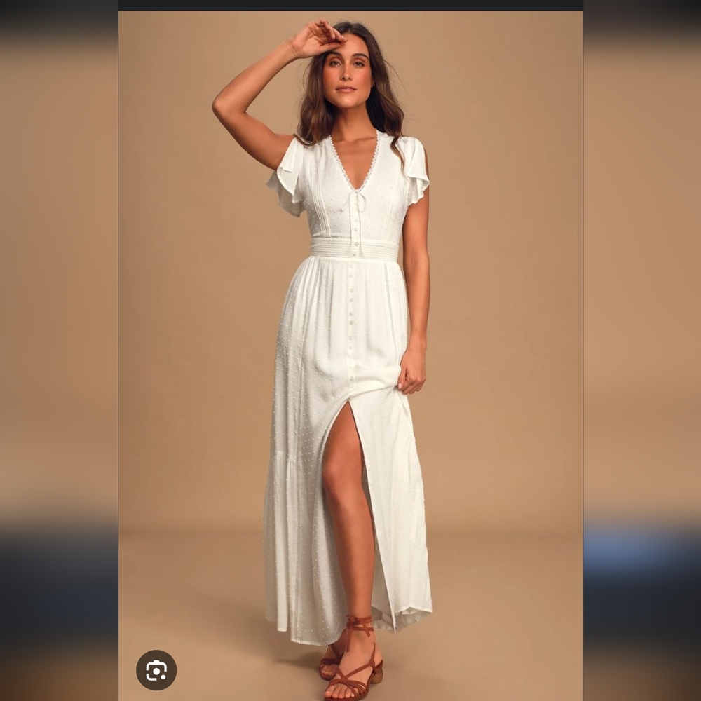 Lulu's White Flutter Sleeve Maxi Dress with Front Slit